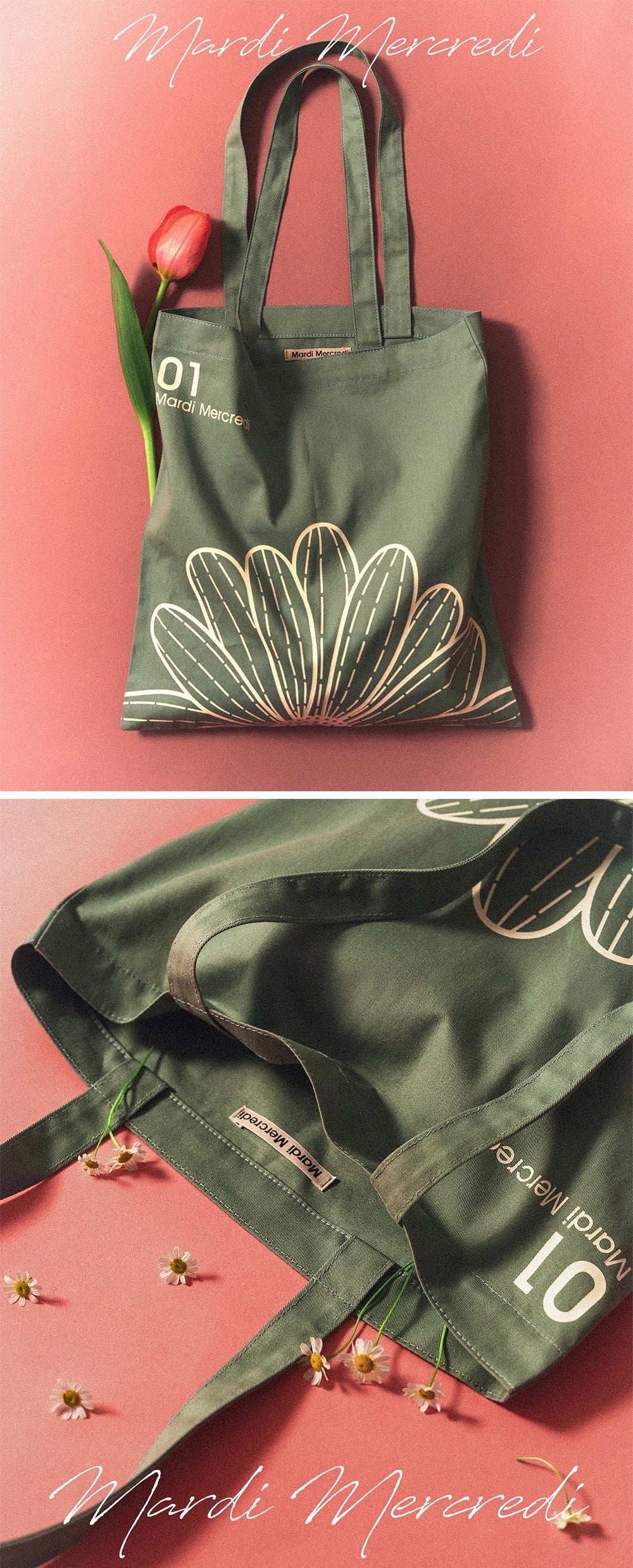 MARDI MERCREDI MARDI MERCREDI CANVAS BAG FLOWER GREEN WHITE