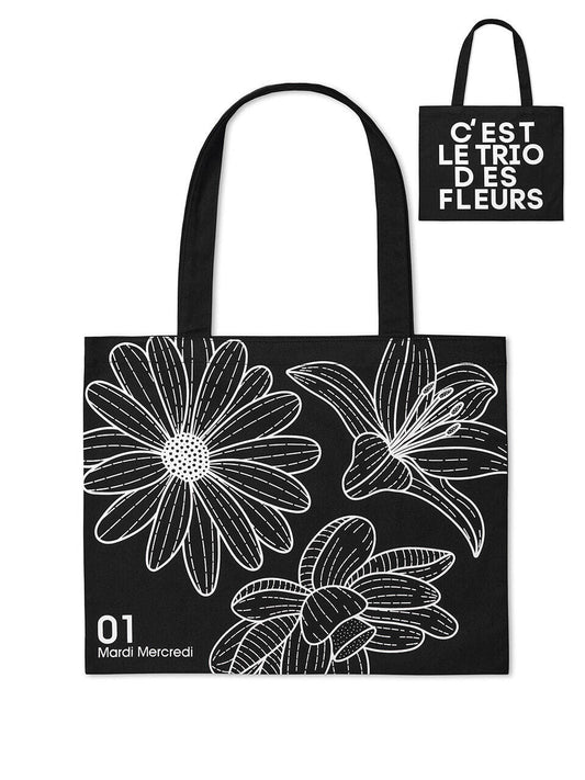 MARDI MERCREDI CANVAS BAG TRIPLE FLOWER BLACK WHITE
