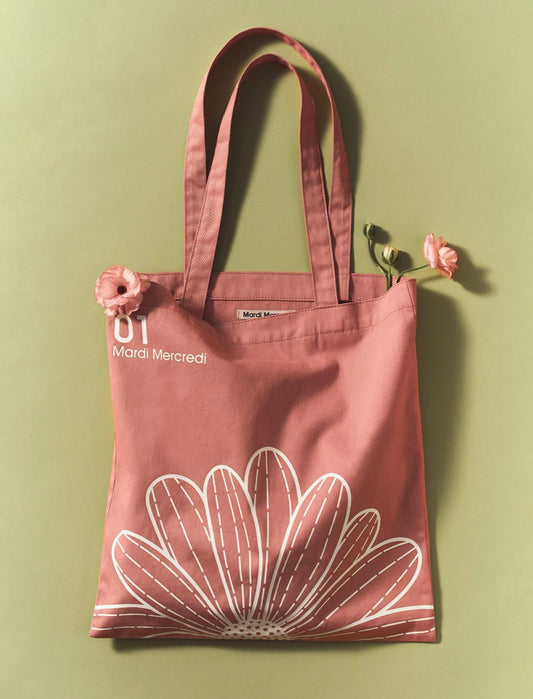 MARDI MERCREDI MARDI MERCREDI CANVAS BAG FLOWER PINK WHITE