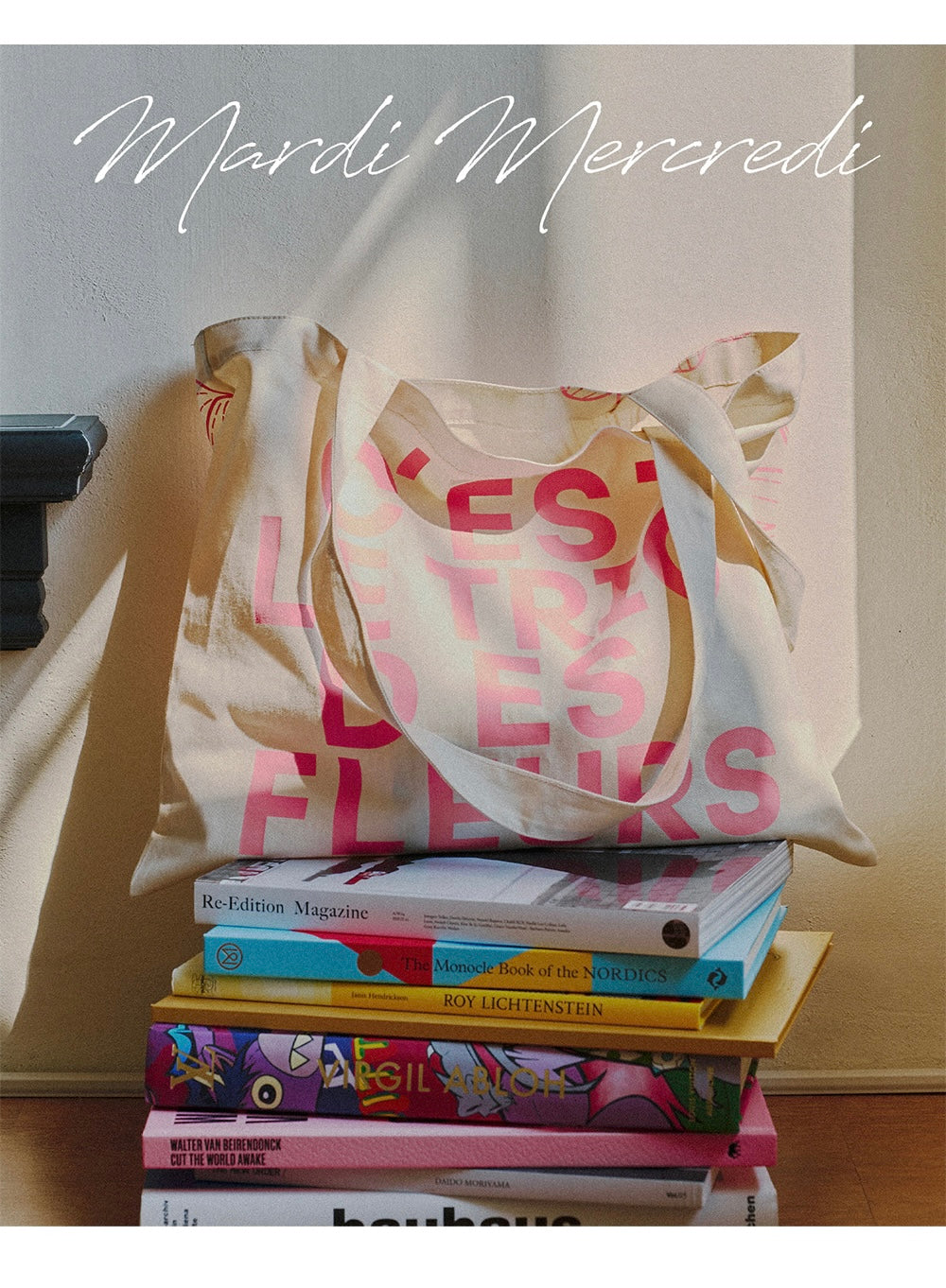 MARDI MERCREDI CANVAS BAG TRIPLE FLOWER CREAM PINK