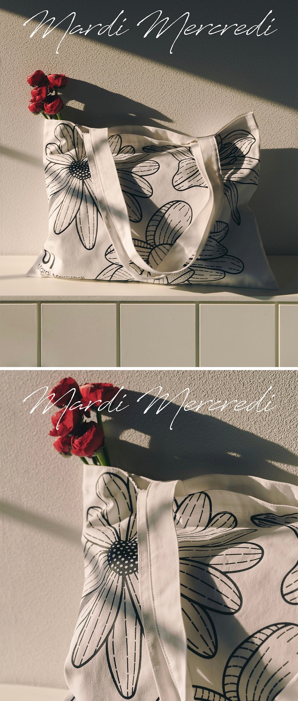 MARDI MERCREDI CANVAS BAG TRIPLE FLOWER BLACK WHITE