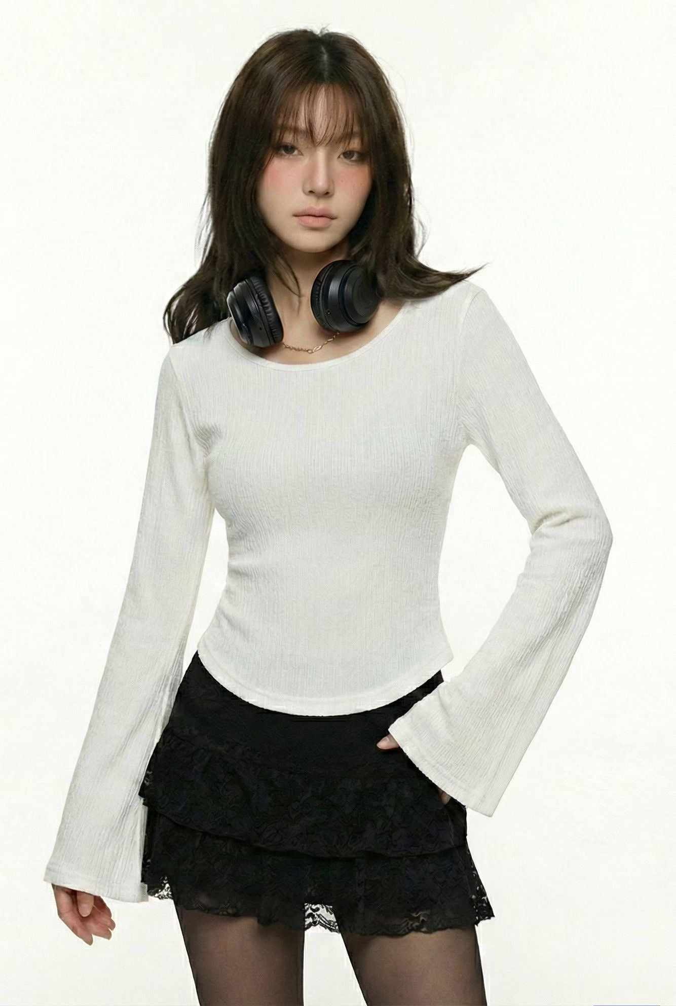 必備單品🩶Y2K弧形下擺微喇袖美式復古長袖T恤