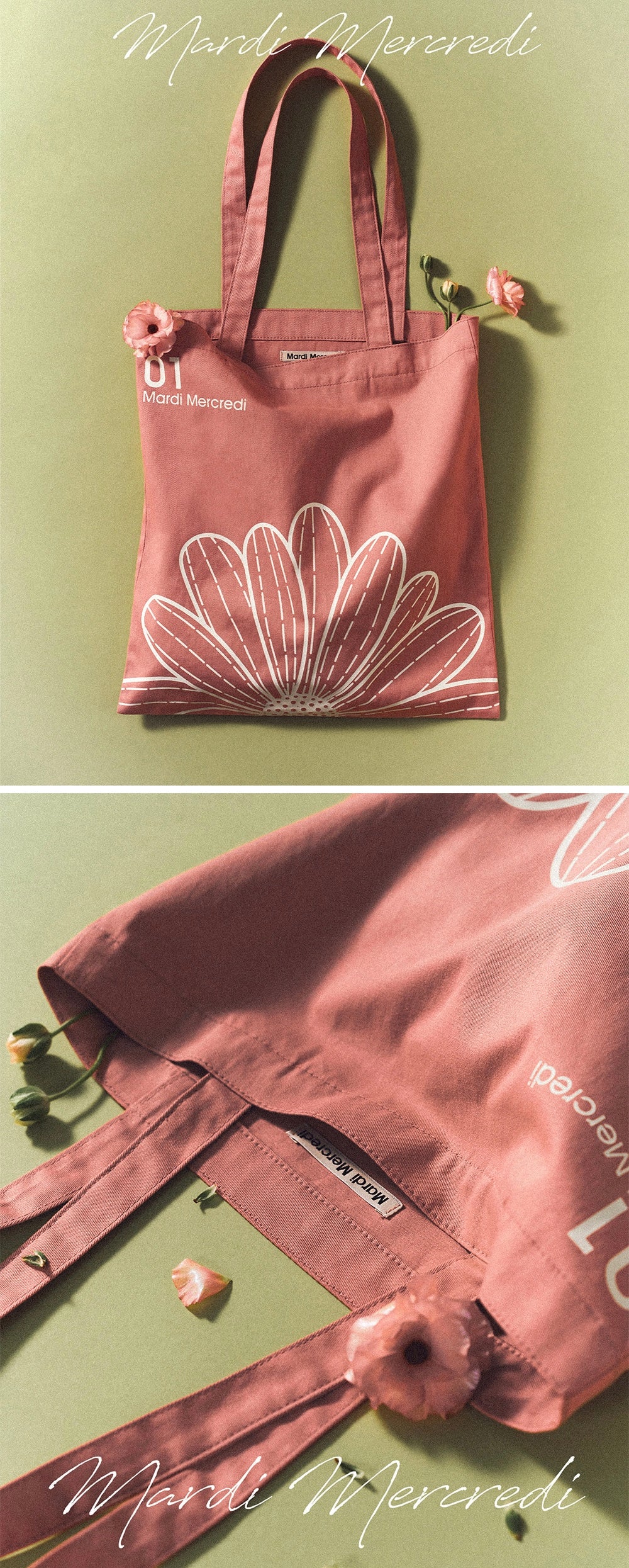 MARDI MERCREDI MARDI MERCREDI CANVAS BAG FLOWER PINK WHITE