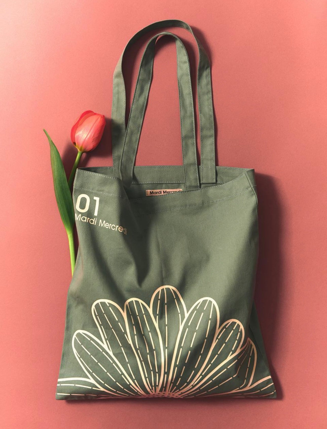MARDI MERCREDI MARDI MERCREDI CANVAS BAG FLOWER GREEN WHITE