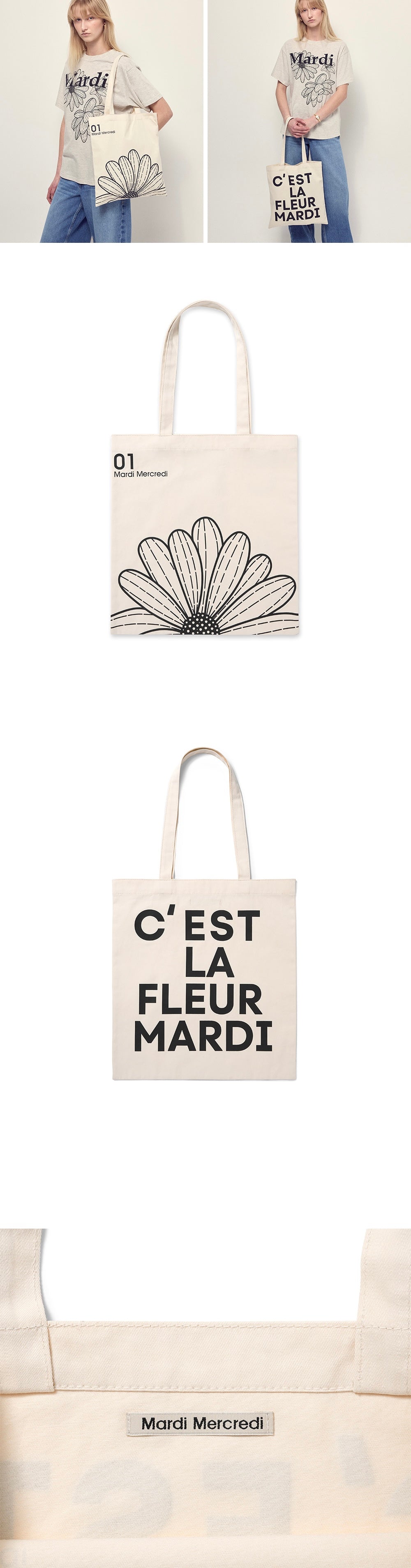 MARDI MERCREDI CANVAS BAG FLOWER CREAM BLACK